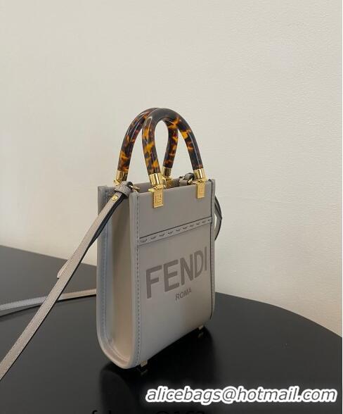 Top Design Fendi Sunshine Leather Mini Shopper Bag FD1378 Grey 2023