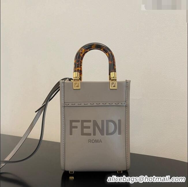 Top Design Fendi Sunshine Leather Mini Shopper Bag FD1378 Grey 2023