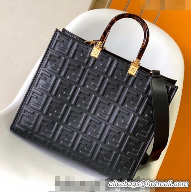 Discount Fendi Sunshine FF Leather Medium Shopper Bag FD372 Black 2023