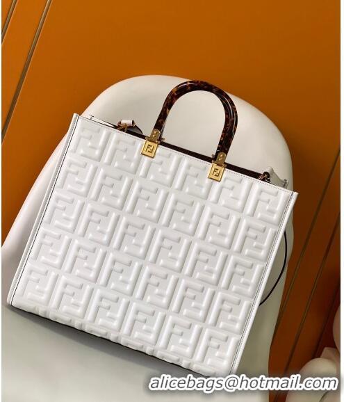 Super Quality Fendi Sunshine FF Leather Medium Shopper Bag FD372 White 2023