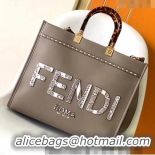 Grade Design Fendi Sunshine Leather Medium Shopper Bag with Snakeskin Print FD8372 Grey 2023