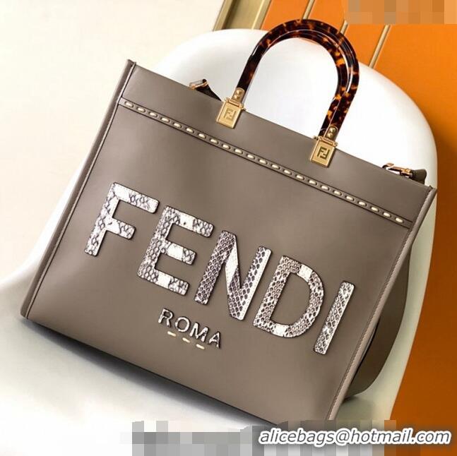 Grade Design Fendi Sunshine Leather Medium Shopper Bag with Snakeskin Print FD8372 Grey 2023