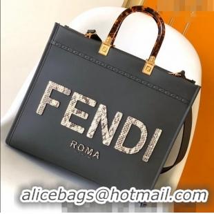 Best Price Fendi Sunshine Leather Medium Shopper Bag with Snakeskin Print FD8372 Black 2023