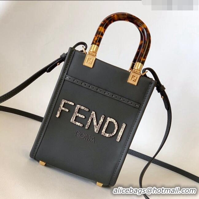 Promotional Fendi Sunshine Leather Mini Shopper Bag with Snakeskin Print FD015 Black 2023