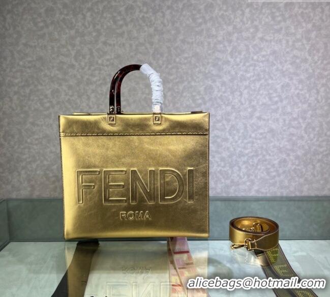 Reasonable Price Fendi Sunshine Metallic Leather Medium Shopper Bag 8372 Gold 2023