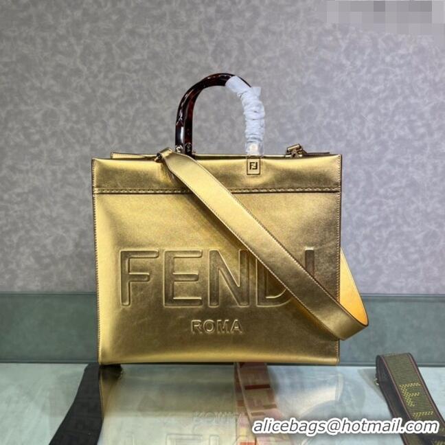 Reasonable Price Fendi Sunshine Metallic Leather Medium Shopper Bag 8372 Gold 2023