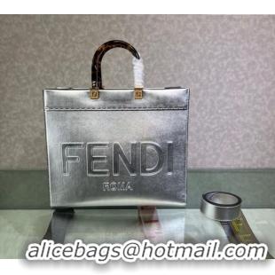 Promotional Fendi Sunshine Metallic Leather Medium Shopper Bag 8372 Silver 2023