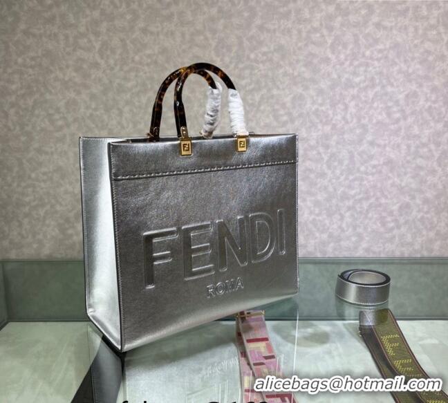 Promotional Fendi Sunshine Metallic Leather Medium Shopper Bag 8372 Silver 2023