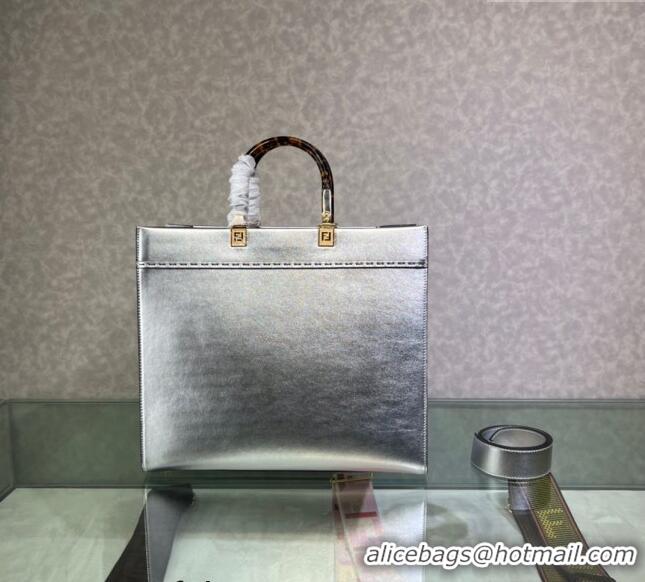 Promotional Fendi Sunshine Metallic Leather Medium Shopper Bag 8372 Silver 2023