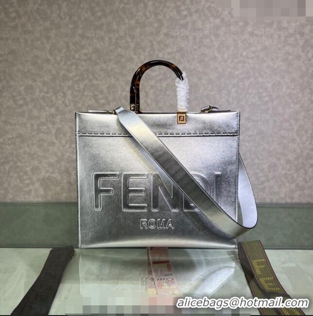 Promotional Fendi Sunshine Metallic Leather Medium Shopper Bag 8372 Silver 2023