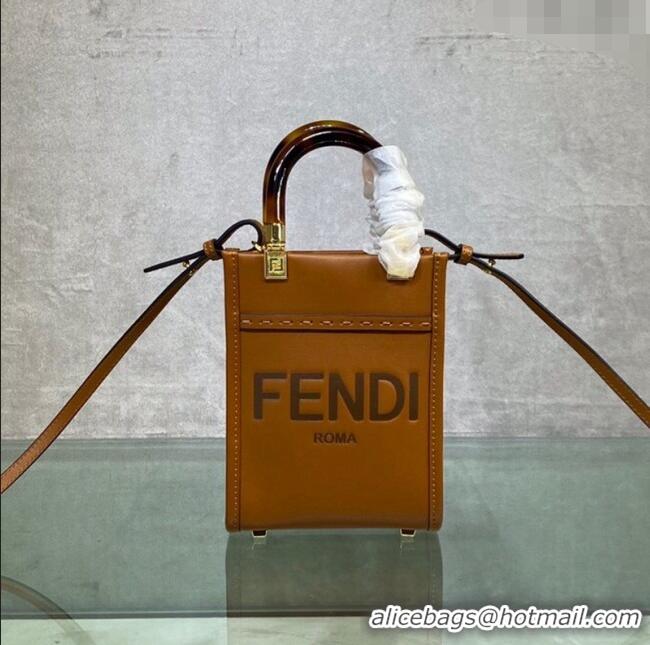 Discount Fendi Sunshine Leather Mini Shopper Bag FD0213 Brown 2023