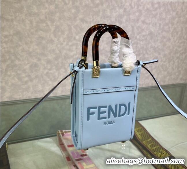 Cheap Fendi Sunshine Leather Mini Shopper Bag 0213 Light Blue 2023