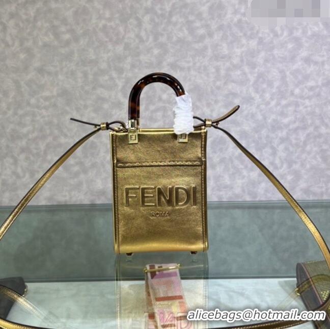 New Design Fendi Sunshine Leather Mini Shopper Bag 0213 Gold 2023