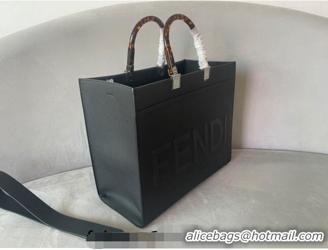 Popular Style Fendi Sunshine Grained Leather Medium Shopper Bag FD8372 Black 2023