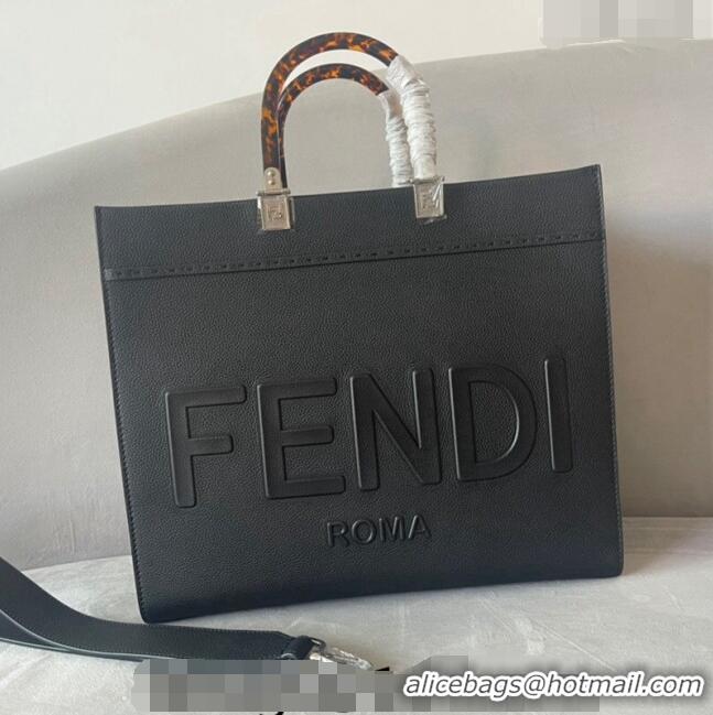 Popular Style Fendi Sunshine Grained Leather Medium Shopper Bag FD8372 Black 2023