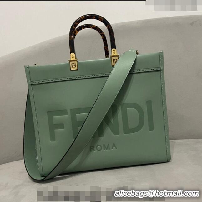 Shop Grade Fendi Sunshine Grained Leather Medium Shopper Bag FD8372 Light Green 2023