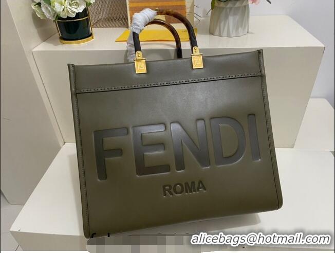 Famous Brand Fendi Sunshine Grained Leather Medium Shopper Bag FD8372 Green 2023