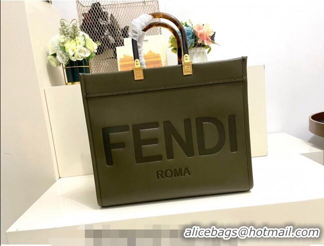 Famous Brand Fendi Sunshine Grained Leather Medium Shopper Bag FD8372 Green 2023