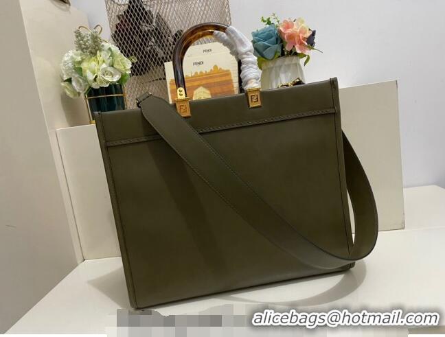 Famous Brand Fendi Sunshine Grained Leather Medium Shopper Bag FD8372 Green 2023