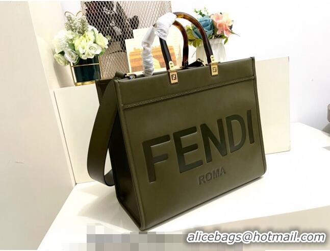 Famous Brand Fendi Sunshine Grained Leather Medium Shopper Bag FD8372 Green 2023