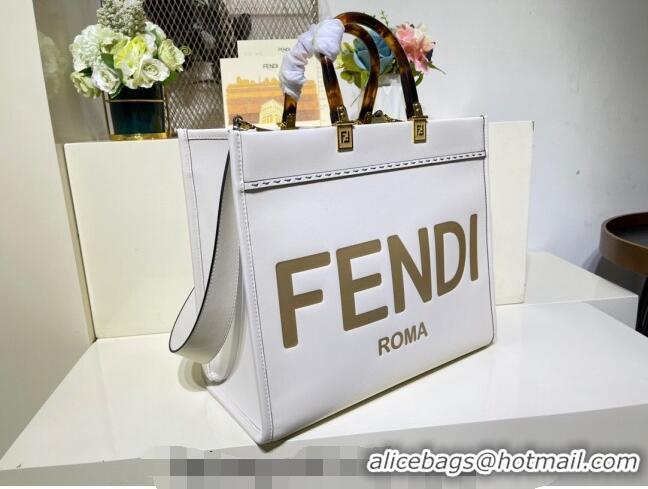 Good Product Fendi Sunshine Leather Medium Shopper Bag FD8372 White 2023