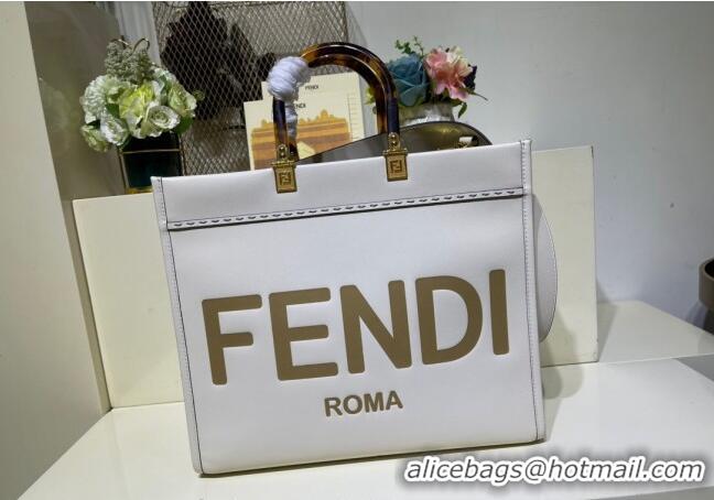 Good Product Fendi Sunshine Leather Medium Shopper Bag FD8372 White 2023