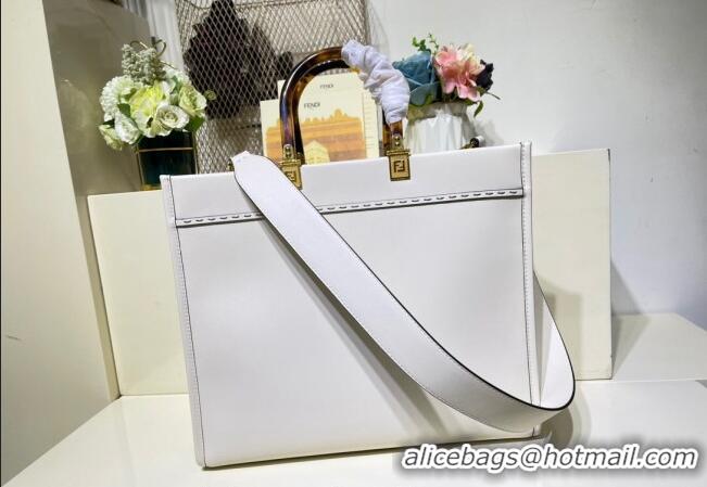 Good Product Fendi Sunshine Leather Medium Shopper Bag FD8372 White 2023