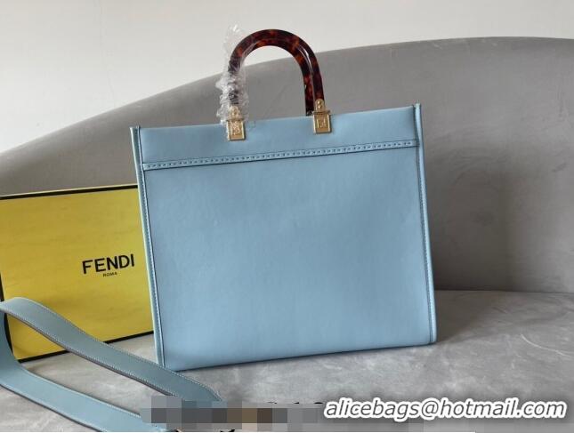 Most Popular Fendi Sunshine Leather Medium Shopper Bag FD8372 Light Blue 2023