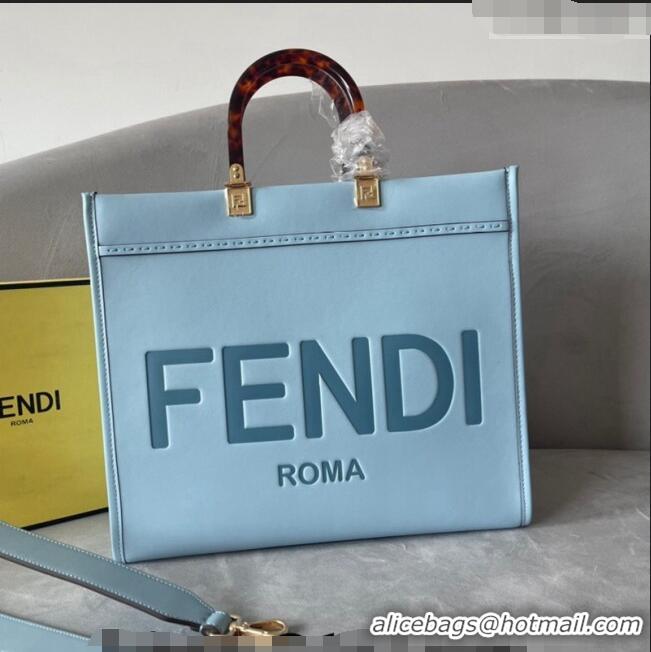 Most Popular Fendi Sunshine Leather Medium Shopper Bag FD8372 Light Blue 2023