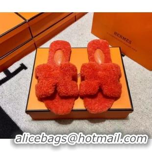 Good Quality Hermes Oran Shearling Wool Flat Slide Sandals Orange 092185