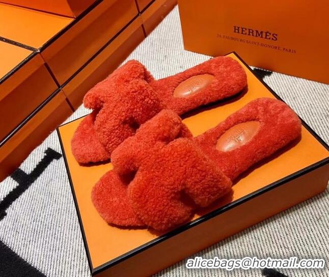 Good Quality Hermes Oran Shearling Wool Flat Slide Sandals Orange 092185