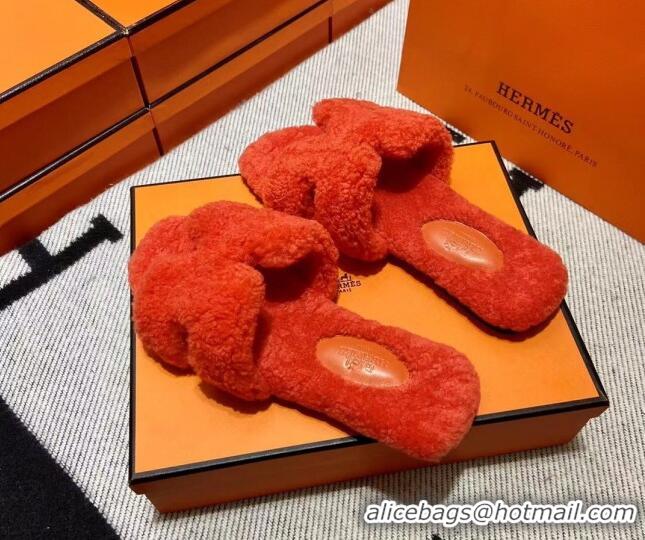 Good Quality Hermes Oran Shearling Wool Flat Slide Sandals Orange 092185