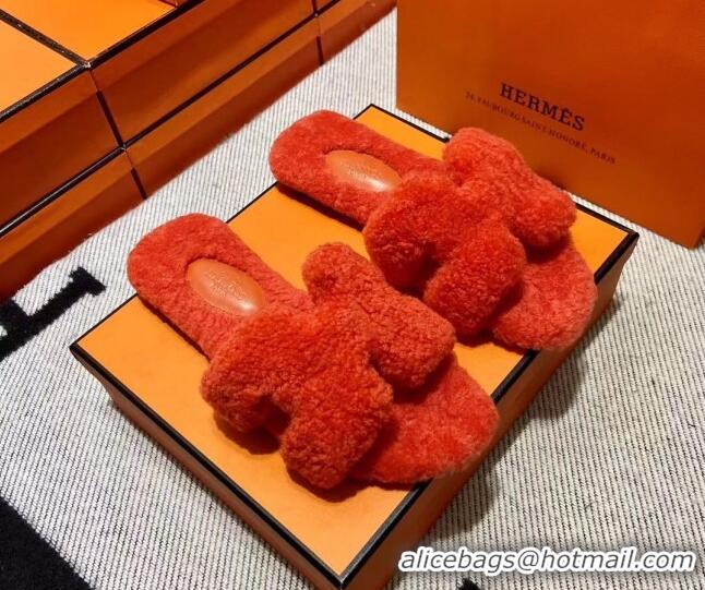 Good Quality Hermes Oran Shearling Wool Flat Slide Sandals Orange 092185