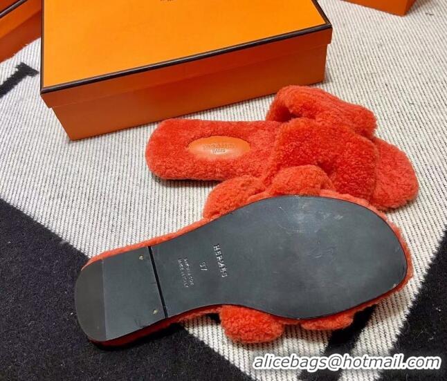 Good Quality Hermes Oran Shearling Wool Flat Slide Sandals Orange 092185