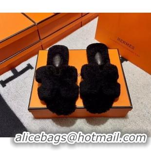 Classic Hot Hermes Oran Shearling Wool Flat Slide Sandals Black 092186