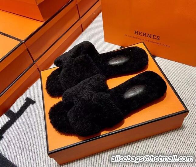 Classic Hot Hermes Oran Shearling Wool Flat Slide Sandals Black 092186