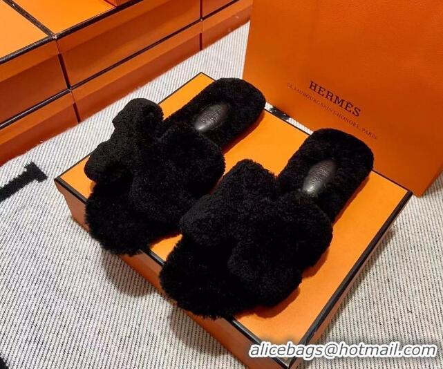 Classic Hot Hermes Oran Shearling Wool Flat Slide Sandals Black 092186