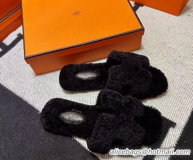 Classic Hot Hermes Oran Shearling Wool Flat Slide Sandals Black 092186