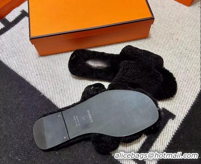 Classic Hot Hermes Oran Shearling Wool Flat Slide Sandals Black 092186