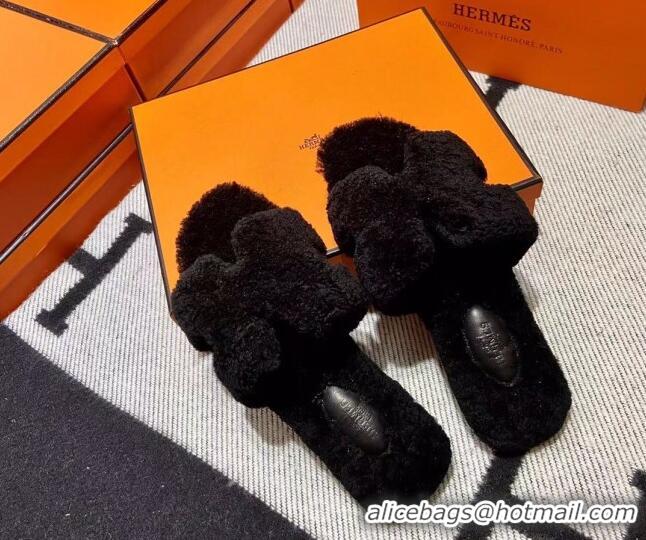 Classic Hot Hermes Oran Shearling Wool Flat Slide Sandals Black 092186