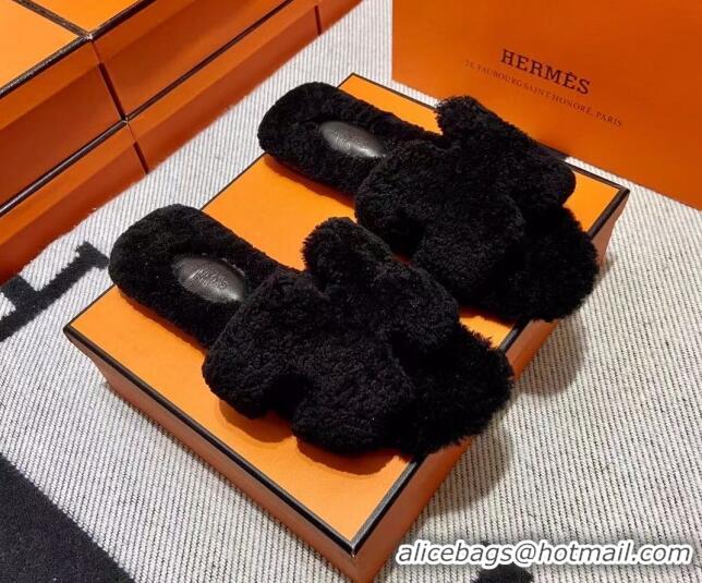 Classic Hot Hermes Oran Shearling Wool Flat Slide Sandals Black 092186