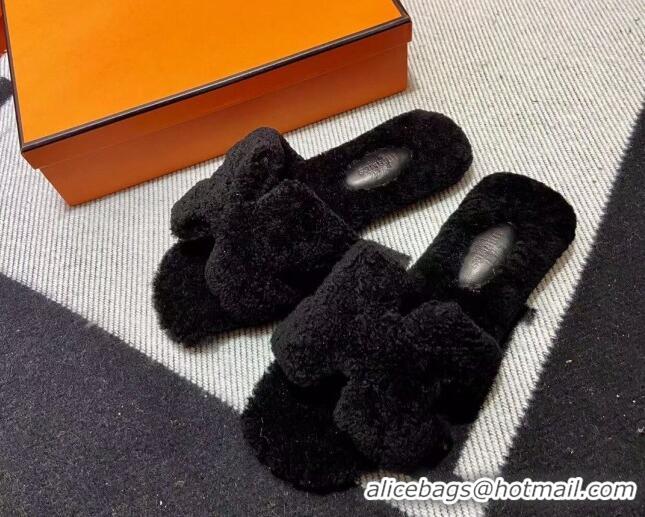 Classic Hot Hermes Oran Shearling Wool Flat Slide Sandals Black 092186