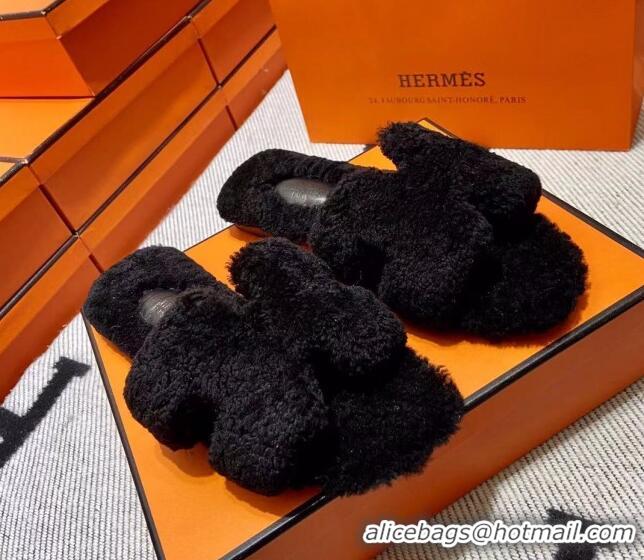 Classic Hot Hermes Oran Shearling Wool Flat Slide Sandals Black 092186