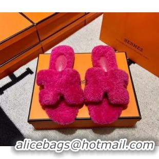 Luxury Cheap Hermes Oran Shearling Wool Flat Slide Sandals Dark Pink 092187