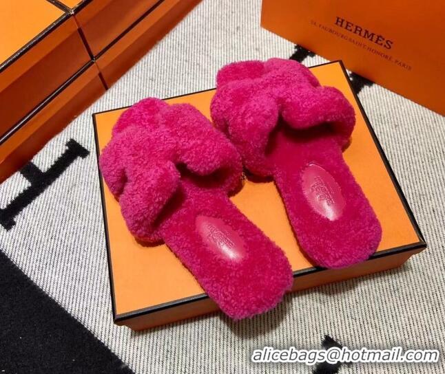 Luxury Cheap Hermes Oran Shearling Wool Flat Slide Sandals Dark Pink 092187