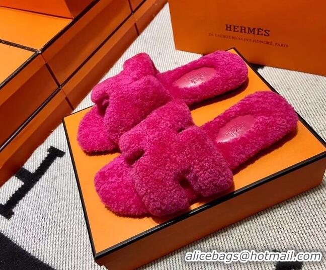 Luxury Cheap Hermes Oran Shearling Wool Flat Slide Sandals Dark Pink 092187