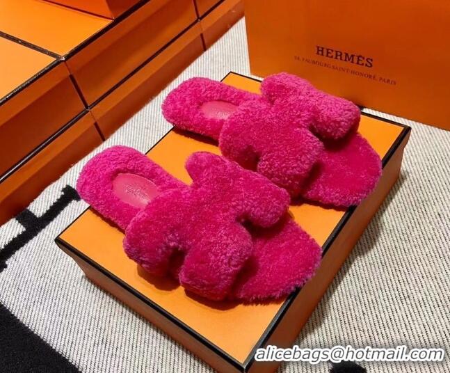 Luxury Cheap Hermes Oran Shearling Wool Flat Slide Sandals Dark Pink 092187