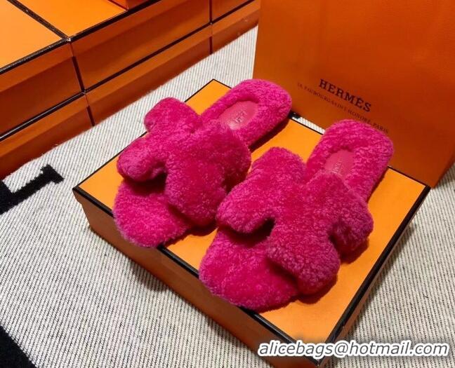 Luxury Cheap Hermes Oran Shearling Wool Flat Slide Sandals Dark Pink 092187