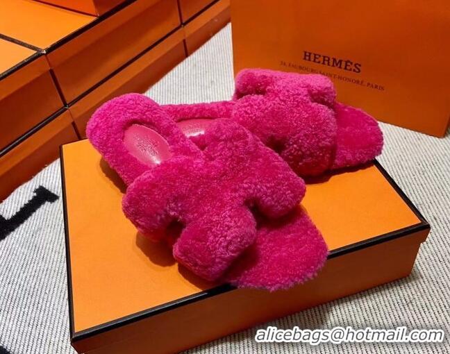 Luxury Cheap Hermes Oran Shearling Wool Flat Slide Sandals Dark Pink 092187