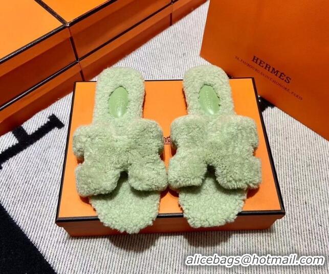 Popular Style Hermes Oran Shearling Wool Flat Slide Sandals Green 092188